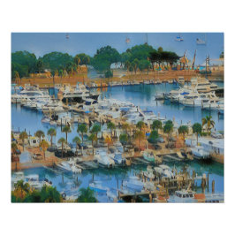 Pôster Arte Colorida da Parede da Marina Costeira Barcos