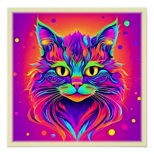 Pôster Arte Colorida de Cabeça de Gato (Frente)