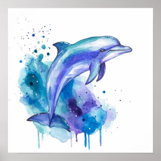 Poster Arte Colorida de Golfinho em Aquarela