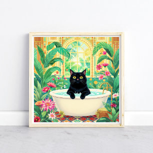 Poster Arte Colorida Deco Gato Preto na Banheira