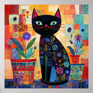Poster Arte Colorida e Caprichosa de Gato Preto,