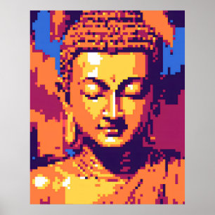 Poster Arte Colorida em Pixel   Meditando Buda