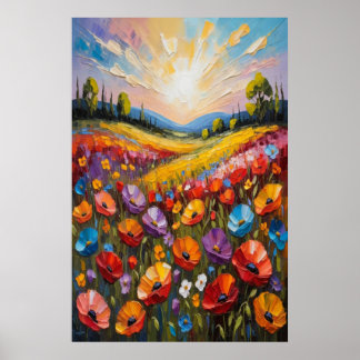 Poster Arte Colorida em Tela com Flores, Pintura Vibrante