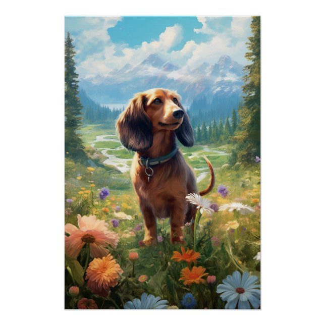 Pôster Arte Contemporânea Dachshund Com Flores Sorrentes (Frente)