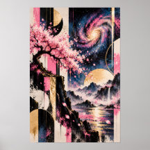 Arte Cósmica Sakura Geometria Lunar Rosa Dourado L