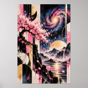Poster Arte Cósmica Sakura Geometria Lunar Rosa Dourado L