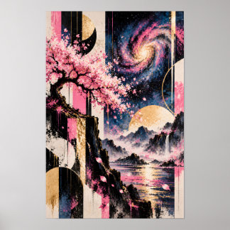 Poster Arte Cósmica Sakura Geometria Lunar Rosa Dourado L