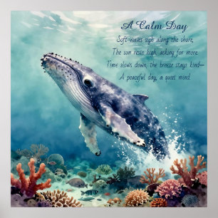 Poster Arte Costeira Aquarela de Baleia Azul Oceânica