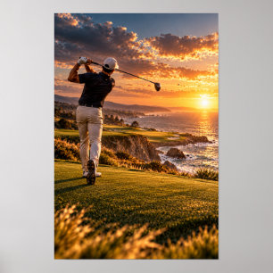 Poster Arte Costeira de Golfe ao Pôr do Sol – Golfista Ba
