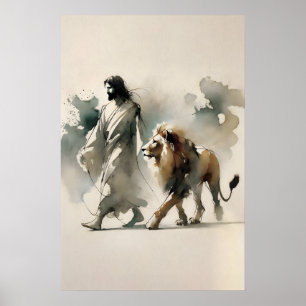 Poster Arte Cristã em Aquarela Leão de Judá Parede Fé