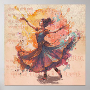 Poster Arte Cultural de Kathak com Tinta e Aquarela