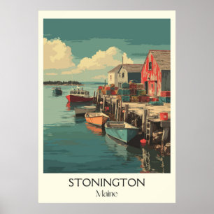 Poster Arte da aldeia de pesca Stonington Maine Vintage