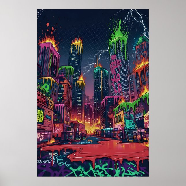 Poster Arte da Cidade de Neon Eletrônica (Frente)