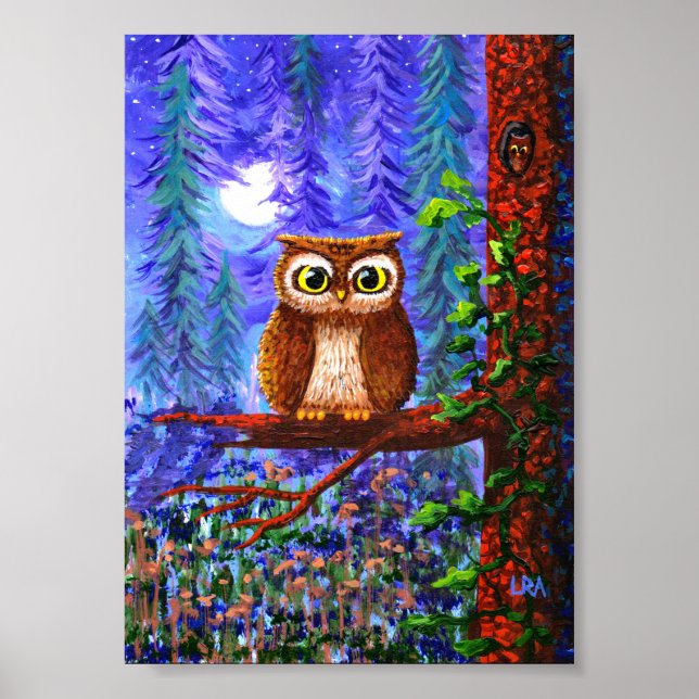 Pôster Arte da Coruja Caprichosa Floresta Luar Creationar (Frente)