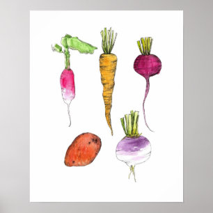 Poster Arte da cozinha da tinta da aguarela dos vegetais
