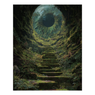 Pôster Arte da Escadaria da Floresta Mística Verde ao Lua