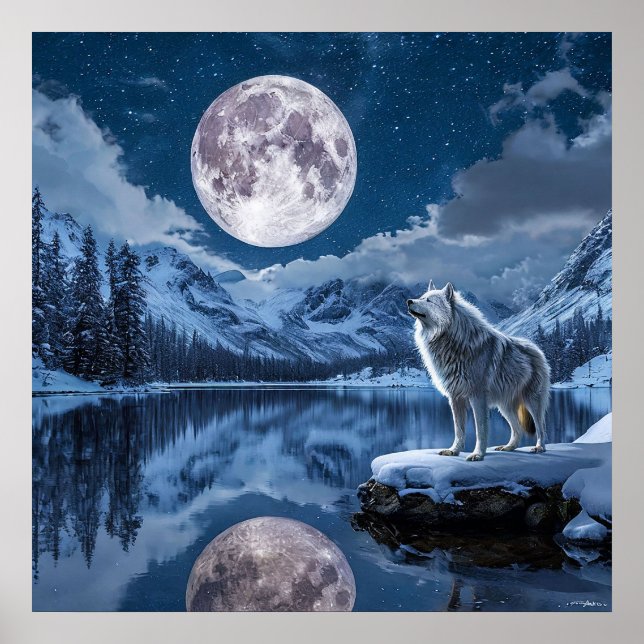 Poster 🌕 Arte da Floresta Noturna da Lua Uivante do Lobo (Frente)