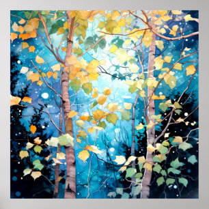 Poster Arte da Floresta Outonal Iluminada pela Lua