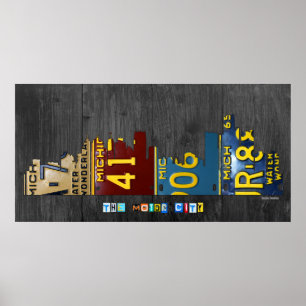 Pôster Arte da matrícula da skyline da cidade de Detroit