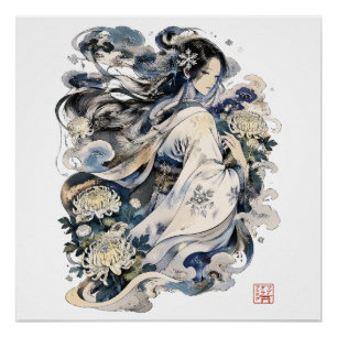 Pôster Arte da Mulher de Neve Japonesa Yokai de Inverno