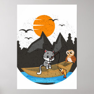 Poster Arte da Natureza com Barco de Pesca de Gato Fofo e