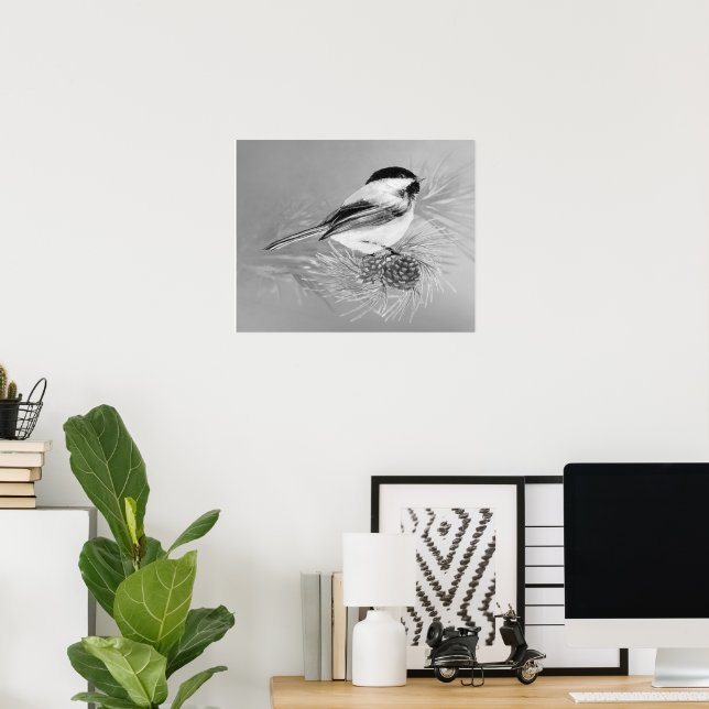 Poster Arte da Natureza com Pássaro Chickadee em Aquarela (Escritório em casa)