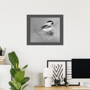 Poster Arte da Natureza com Pássaro Chickadee em Aquarela