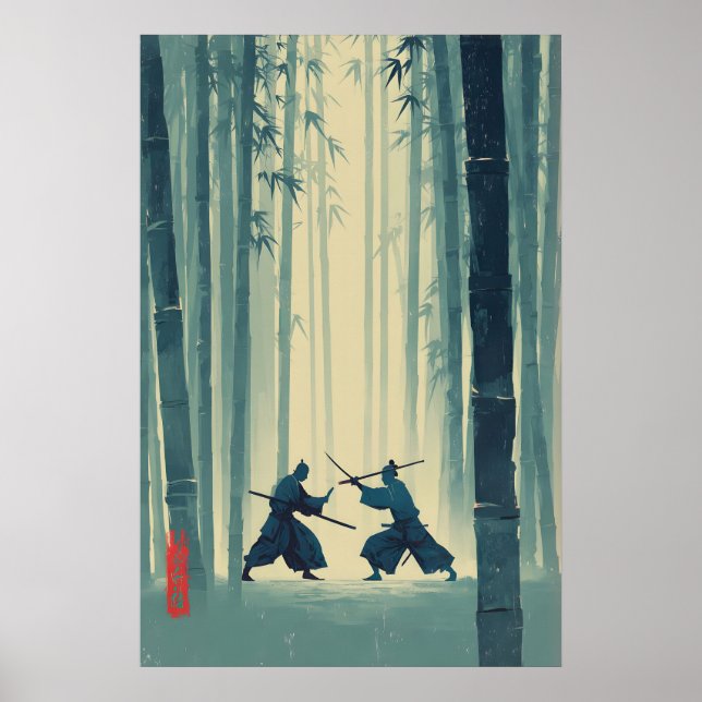 Poster Arte da Natureza Japonesa de Bambu Samurai (Azul (Frente)