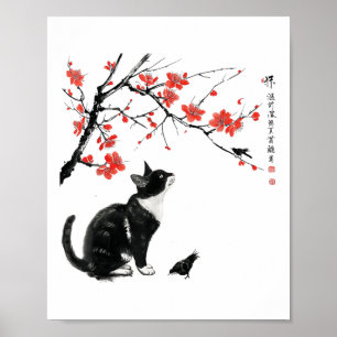 Poster Arte da Natureza Japonesa_ Gato e Pássaro com Flor
