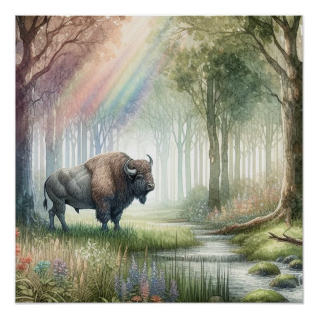 Pôster Arte da Paisagem da Floresta Branca Buffalo Bison (Frente)