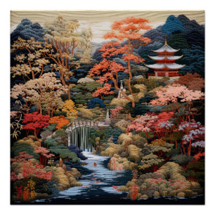 Pôster Arte da Paisagem Japonesa: Cascata e Aldeia
