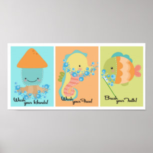 Poster arte da parede do banheiro do cavalo de mar do