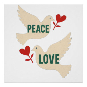 Pôster Arte da Pomba Vintage Paz e Amor com Motivo de Cor