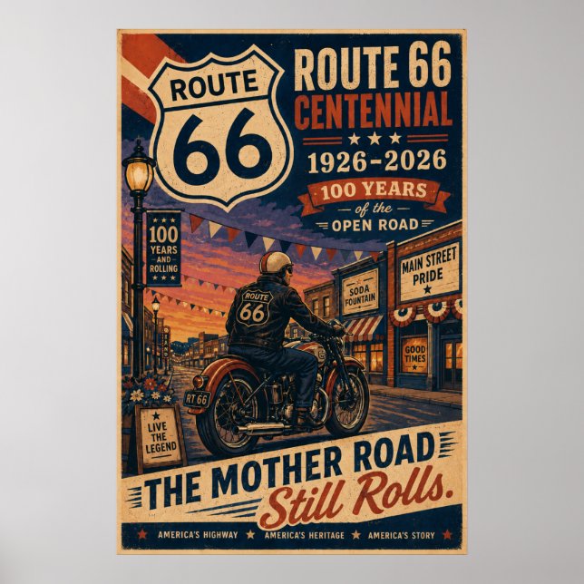 Poster arte da Rota 66 Main Street Motorcycle Centenário (Frente)