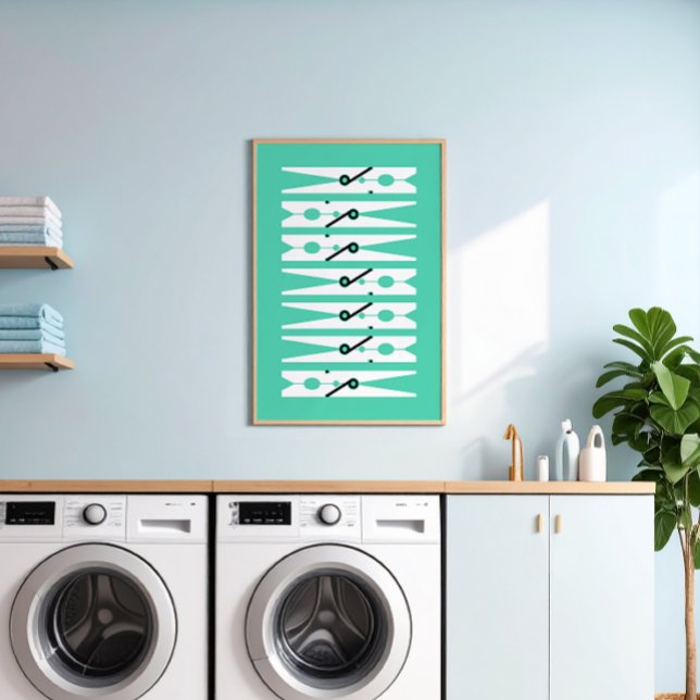 Poster Arte da Sala de Lavagem Gráfica de Roupas da Casa  (Neo mint green and white modern graphic clothes pins art for a fun laundry room)