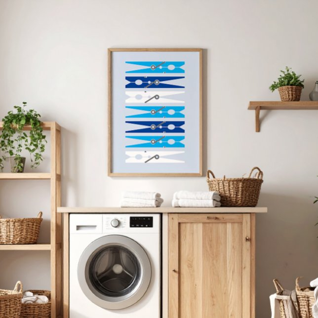Poster Arte da sala de lavanderia dos pinos de roupas azu (nautical blues and white modern graphic clothes pins art for a fun laundry room)