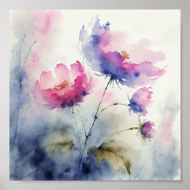 Poster Arte das flores de aquarela púrpura e rosa (Frente)