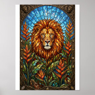 Poster Arte de Animal de Vidro Manchado com Joias de Leão