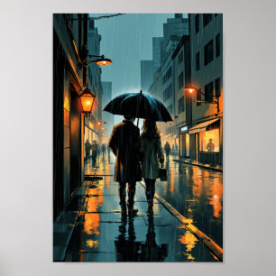 Poster Arte de Anime de Rua Chuvosa Romântica