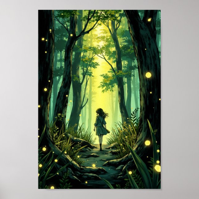 Poster Arte de Anime Voador Floresta Noite (Frente)