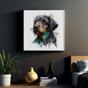 Pôster Arte de Aquarela Chave Wirehaired Dachshund Puppy