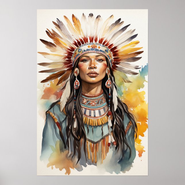 Poster Arte de Aquarela da Princesa Indiana Nativa (Frente)
