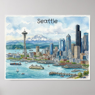 Poster Arte de aquarela da silhueta de Seattle Washington