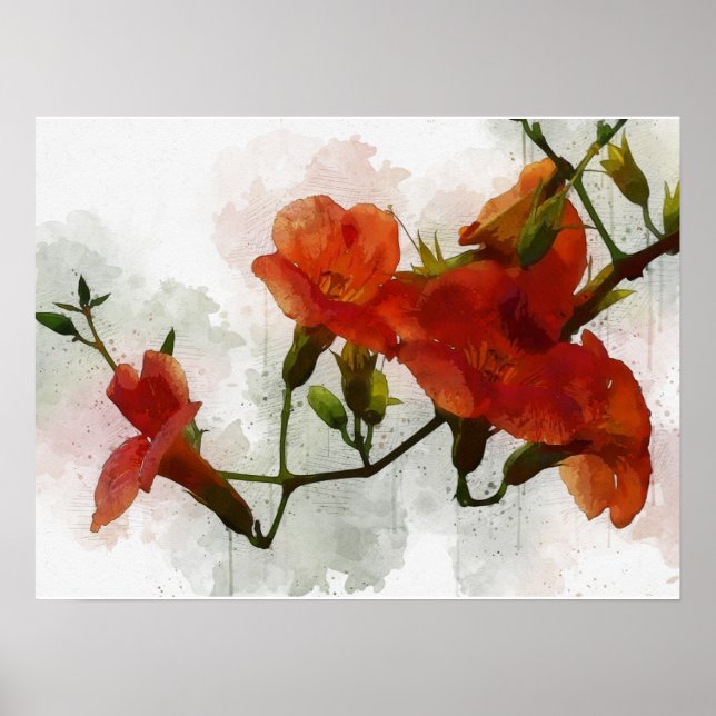 Poster Arte de Aquarela das Flores Vermelhas (Frente)