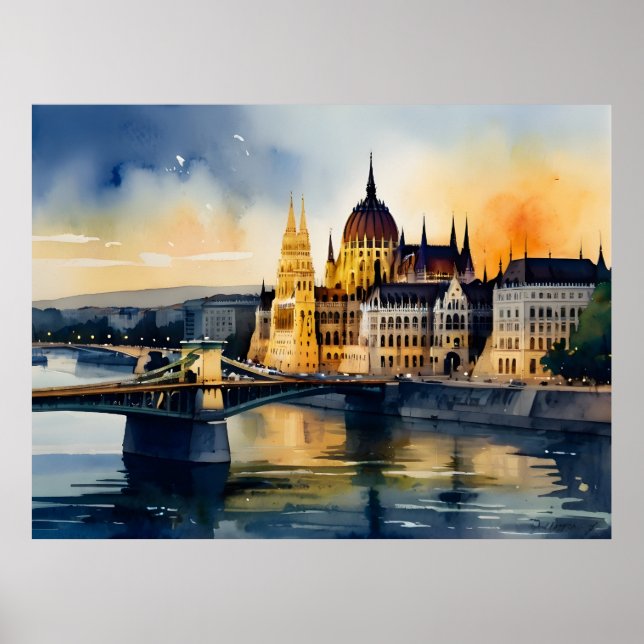 Poster Arte de aquarela de Budapeste (Frente)