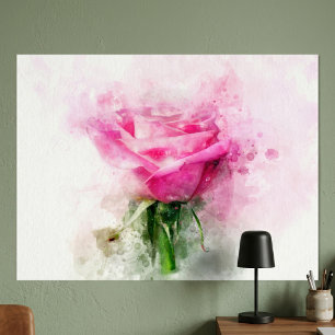 Poster Arte de Aquarela de Rosa Rosa em Fundo Branco