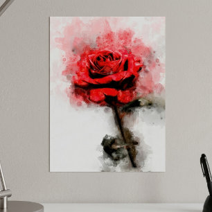 Poster Arte de Aquarela de Rosa Vermelha em Fundo Branco
