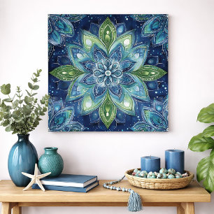 Poster Arte de Aquarela Floral Mandala Azul Verde