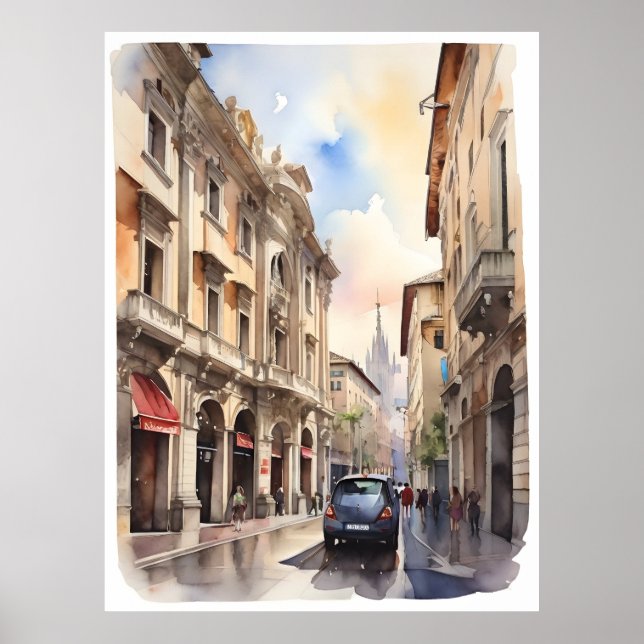 Poster Arte de aquarela Milão (Frente)