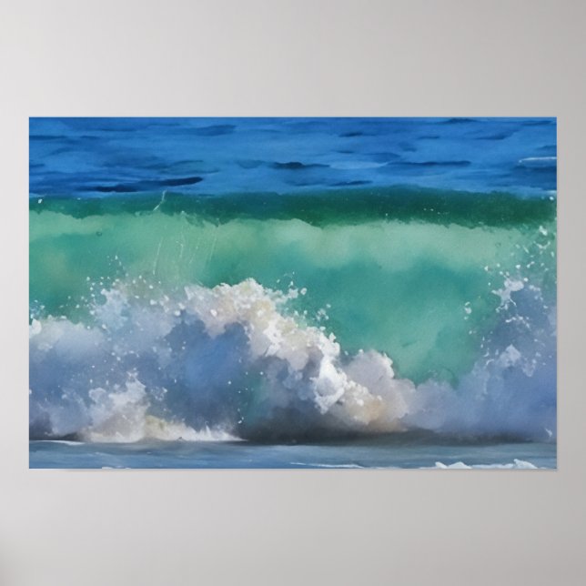 Poster Arte de Aquarela Panorama da Onda do Oceano em Mal (Frente)